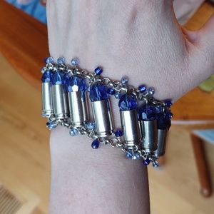 Handmade Bullet Shell Casing Bracelet With Blue Swarovski Crystals